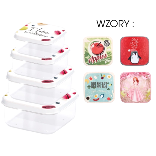 Sada 4 čtvercových dóz na potraviny s barevnými víčky pro děti