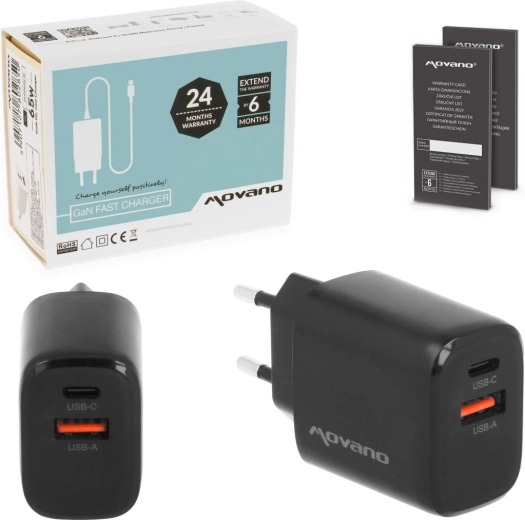Movano GaN síťová nabíječka 20 W USB-C PD + USB-A černá