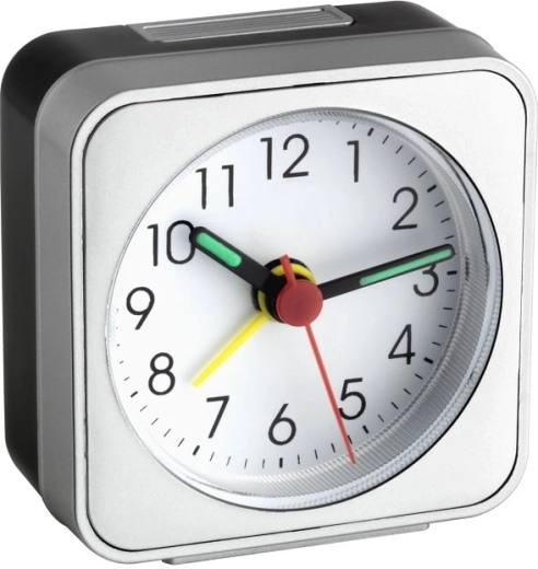 Elektronický budík TFA s luminiscenčními ručičkami, bílo‑stříbrný