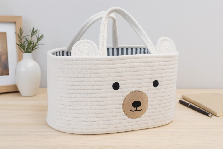 Textilní košík na hračky s oušky – bílý organizér se zvířátkem 32 × 22 × 20 cm