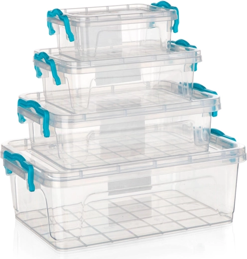 Sada úložných boxů GEMA 4 ks s tyrkysovými klipy, transparentní