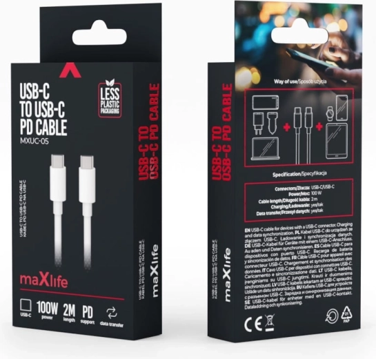 Maxlife kabel USB‑C na USB‑C 2 m 100 W bílý