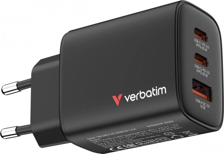Verbatim essentials gan síťová nabíječka 65 w (2× USB-C, 1× USB-A, PD 3.0/QC 3.0) – EU