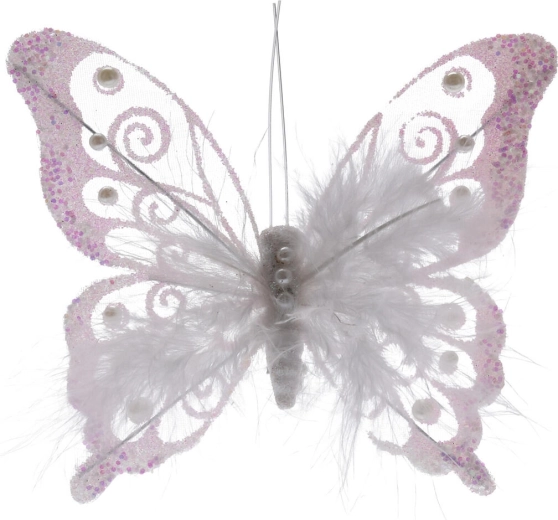 Dekorační motýl z peříček na klipu, bílý, 15,5 cm (2 ks)