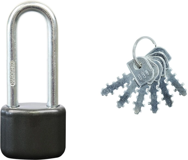 Visací zámek s prodlouženým třmenem, ocelový, 6 klíčů