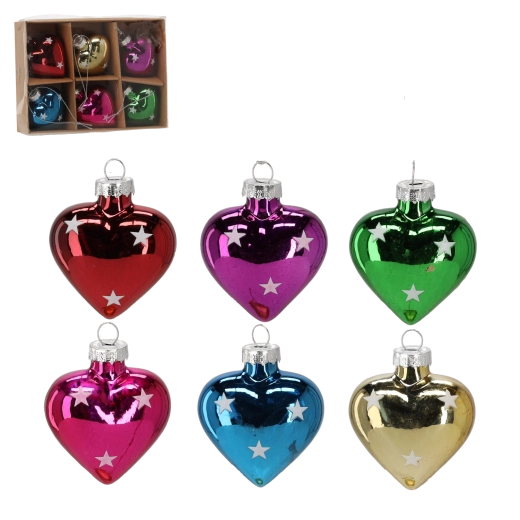 Sada skleněných vánočních ozdob srdce, 6 ks