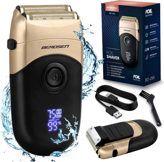Fóliový holicí strojek BERDSEN černo‑zlatý s LCD displejem