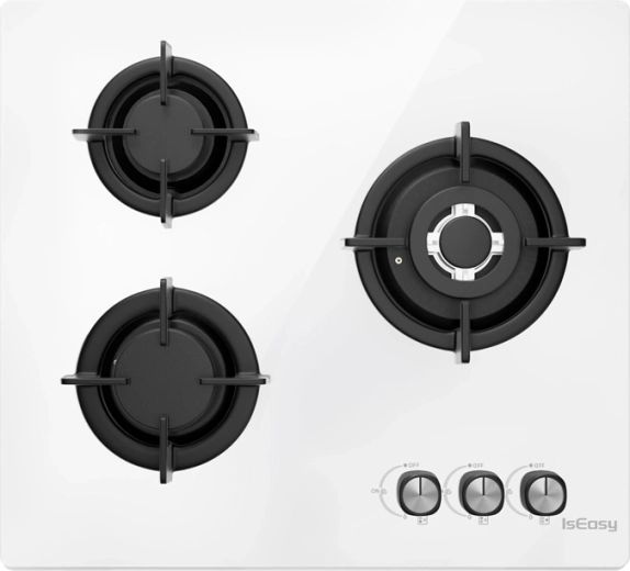 Plynová varná deska ISEASY se skleněným panelem, 3 hořáky, bílá
