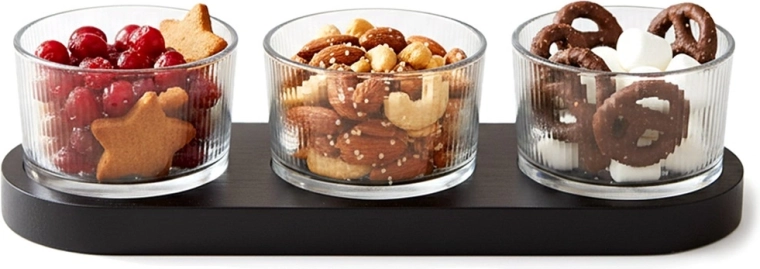 Skleněné mističky na občerstvení na tácu, 4dílná sada