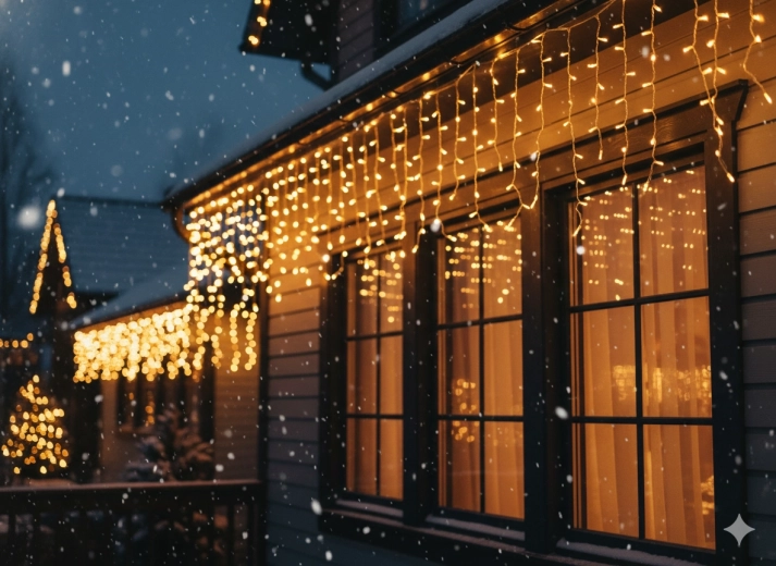 Světelný LED závěs – rampouchy 300 LED, teplá bílá se studeným blikáním, 12 m