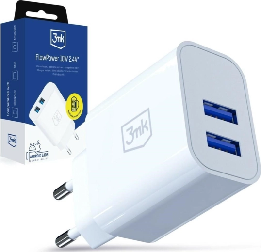 3MK FlowPower síťová nabíječka 10 W, 2× USB-A, 2,4 A, bílá
