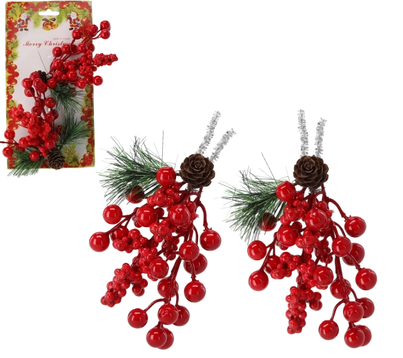 Dekorativní větvičky s jeřabinami a šiškami, sada 2 ks