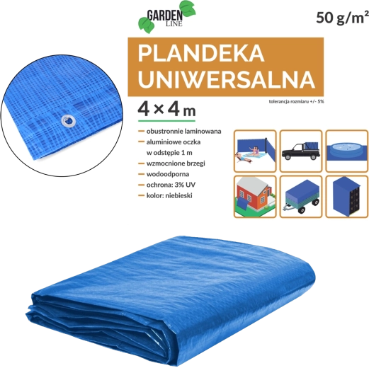 Voděodolná plachta 4 × 4 m, PE 50 g/m², modrá