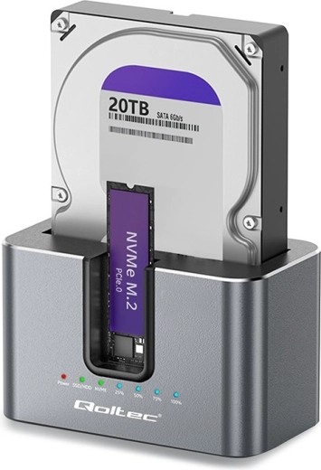 Qoltec dokovací stanice 2v1 pro HDD/SSD SATA a M.2 NVMe s klonováním, USB-C 10 Gb/s