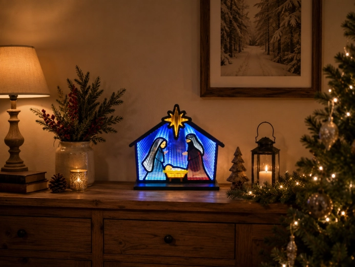 Vánoční 3D dekorace Betlém s infinity zrcadlovým efektem LED 33,5 × 8 × 28,7 cm