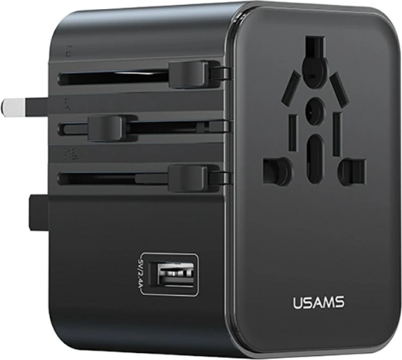 USAMS cestovní univerzální adaptér a nabíječka 17 W (2× USB‑C + USB‑A) 4v1 US/AU/EU/UK, černá