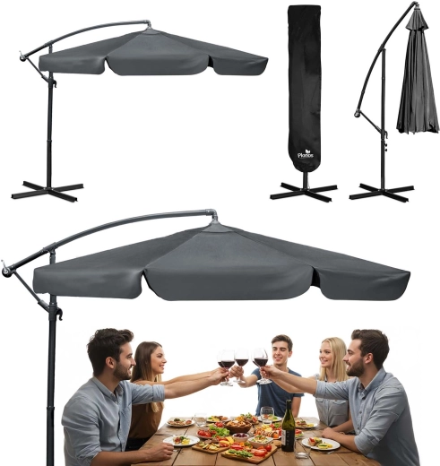 Skládací zahradní boční slunečník 350 cm se šedým potahem a obalem