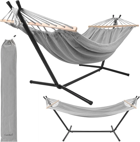 Zahradní houpací síť GARDLOV se stojanem, dvoulůžková 200 × 150 cm, 250 kg