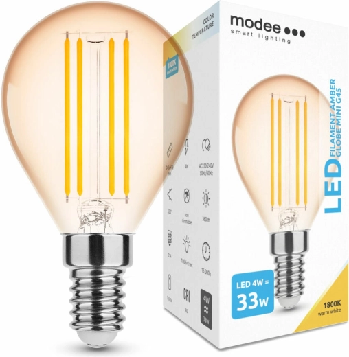 Modee LED filamentová žárovka Amber Globe Mini G45 4 W E14, 360 lm, teplá bílá, stmívatelná
