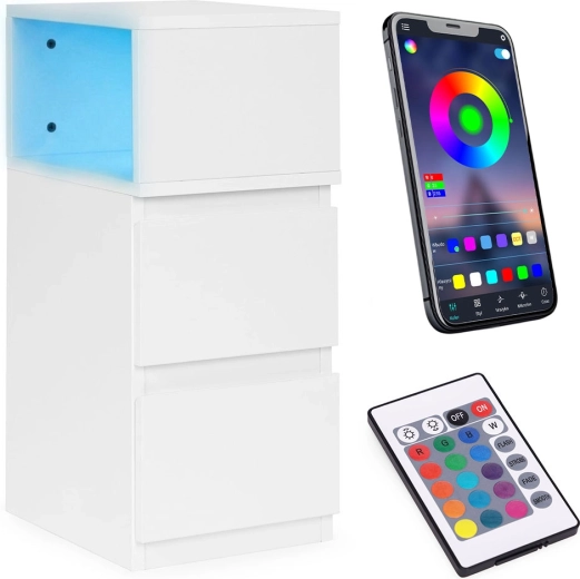 Noční stolek s LED osvětlením, 2 zásuvky, bílý, ModernHome