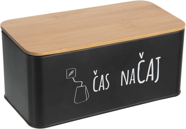 Plechová dóza na čaj s bambusovým víkem "Čas na čaj" black (CZ/SK)