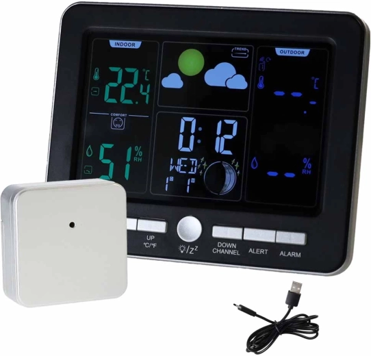 Bezdrátová meteorologická stanice s teploměrem, hygrometrem a budíkem, USB