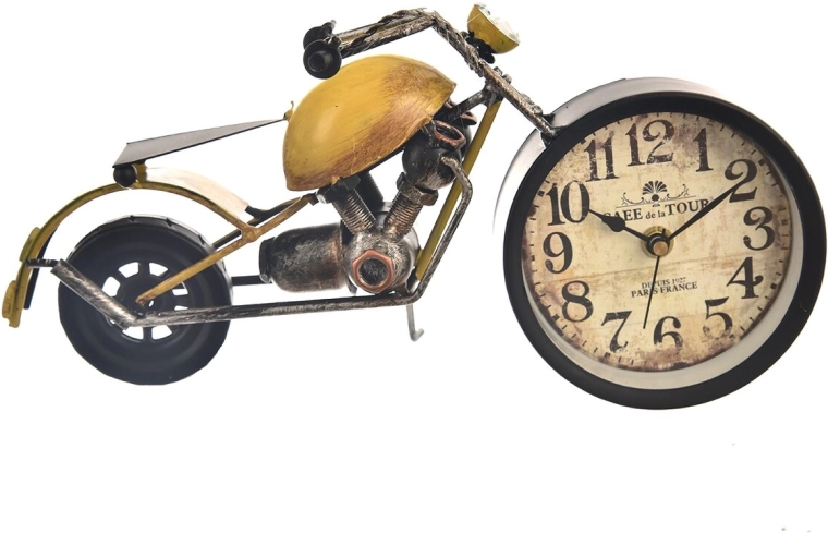 Stolní kovové hodiny ve tvaru motocyklu