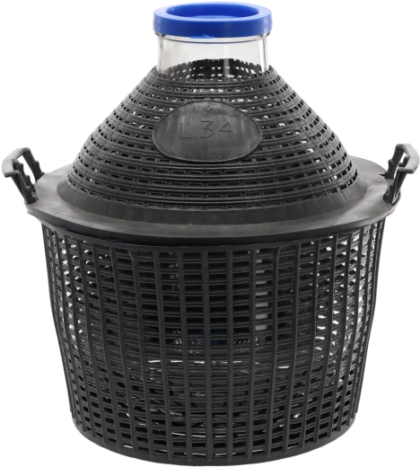 Skleněný demižon 34 l se širokým hrdlem v plastovém koši