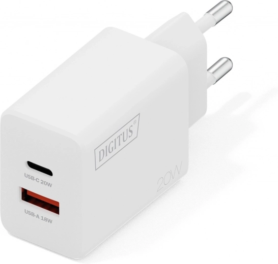 Síťová USB nabíječka 20 W, 1× USB-C a 1× USB-A, bílá