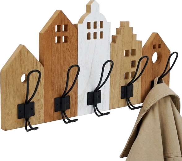 Nástěnný věšák s motivem domků Home Styling Collection 48 × 8 × 26 cm - 1 kus