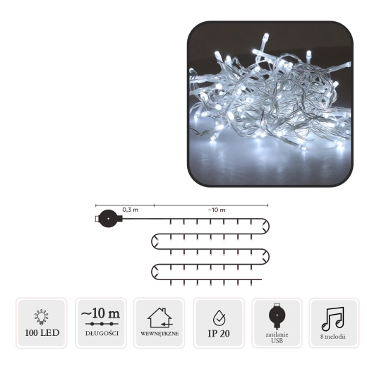 LED vánoční řetěz s melodií USB, 100 LED, studená bílá, 10 m