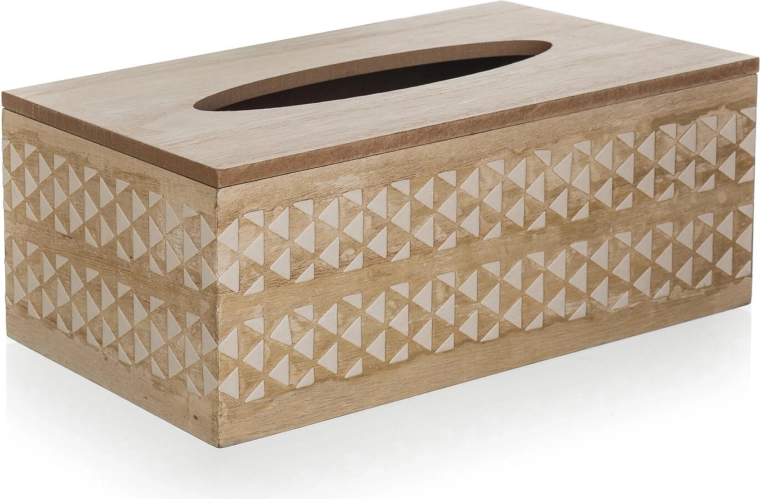 Dřevěná krabička na papírové kapesníky s bílým ornamentem 24 × 13 × 9,5 cm