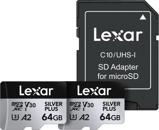 Sada 2× microSDXC karet LEXAR Silver Plus 64 GB s adaptérem