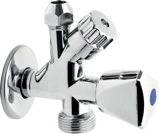 Kombinovaný rohový ventil pro pračku se zpětnou klapkou 3/8" x 1/2" x 3/4"