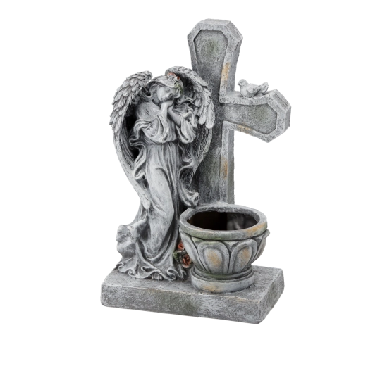 Soška anděla se křížem a květináčem 21,5 × 14 × 35,5 cm