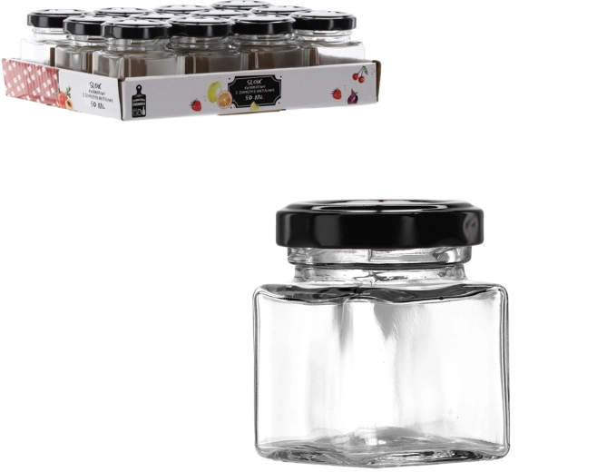 Čtvercová sklenička 50 ml s černým kovovým víčkem - 1 kus