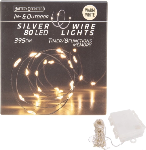LED světelný řetěz na drátku 80 LED, teple žlutý, in/out s časovačem