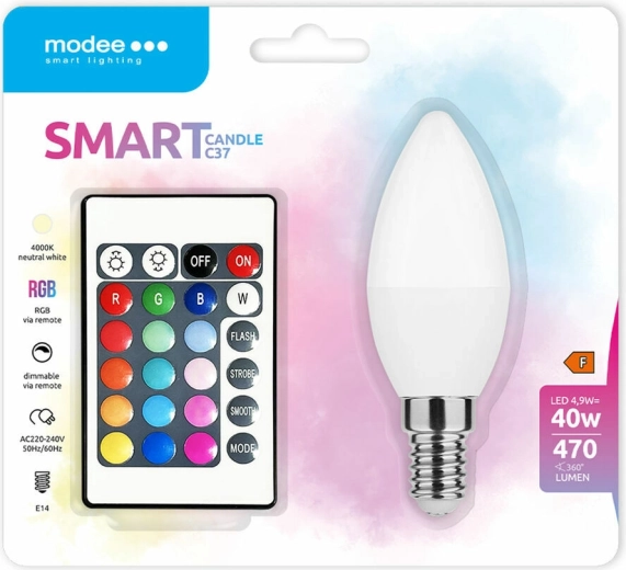 Modee chytrá LED žárovka Candle C35 4,9 W E14 RGB+W 470 lm s ovladačem