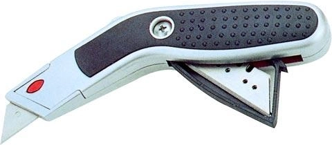 Kovový výsuvný nůž s lichoběžníkovou čepelí a zásobníkem na náhradní čepele