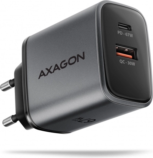 Síťová nabíječka AXAGON GaN 67W s USB‑C Power Delivery a USB‑A Quick Charge, 2 porty