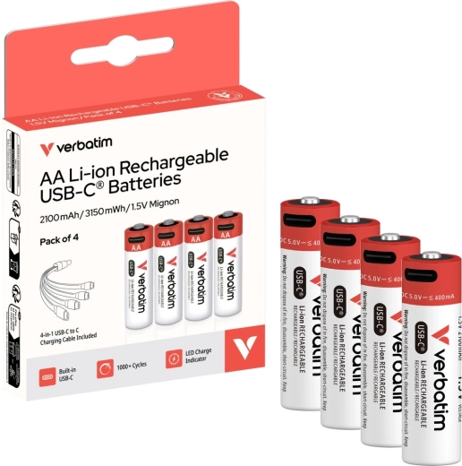 Nabíjecí akumulátory Verbatim AA USB-C 2100 mAh s kabelem - 4 ks