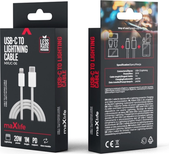 Maxlife nylonový kabel USB‑C – Lightning 1 m, 20 W, šedý