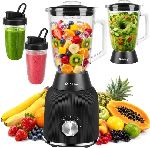 Stolní smoothie blender Ruhhy 1200 W se skleněnou nádobou a 2 cestovními lahvemi