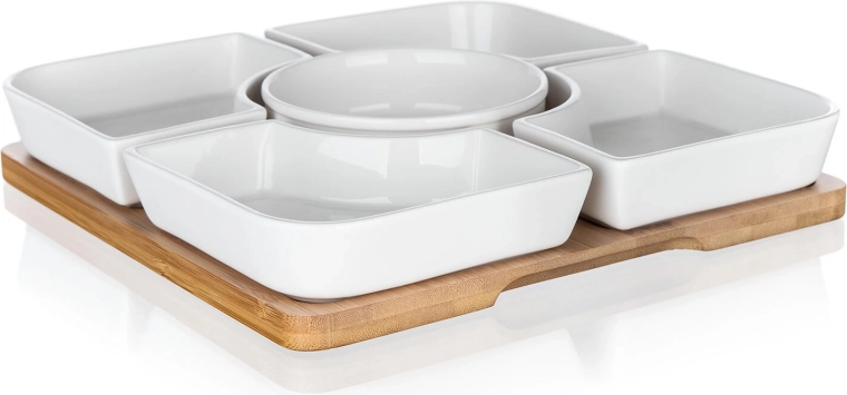 Servírovací sada z porcelánu a bambusu BRILLANTE, 6dílná