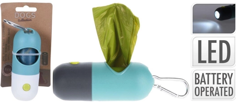 Zásobník na sáčky pro psy s LED světlem a karabinou