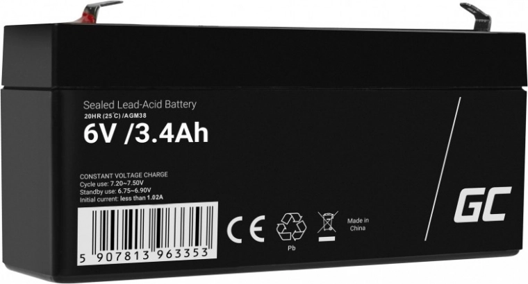 bezúdržbová AGM VRLA baterie GREEN CELL 6 V 3,4 Ah pro alarmy, pokladny a hračky