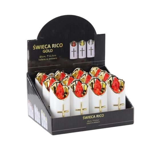 LED svíčka Rico 12,5 cm bílá a zlatá s červeným plamenem