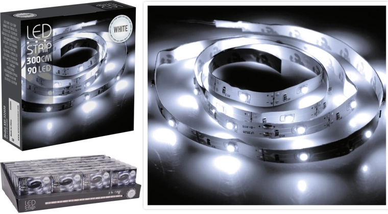 LED pásek 3 m se studenou bílou, 90 LED na baterie