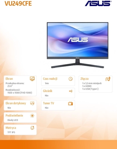 24" monitor ASUS VU249CFE-B IPS 100 Hz s USB‑C