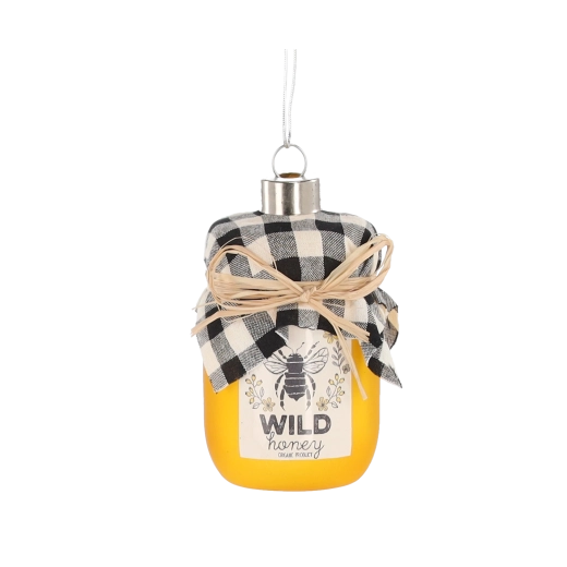 Skleněná vánoční ozdoba ve tvaru medové sklenice